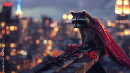 Superhero Raccoon City Rooftop Night Skyline View.