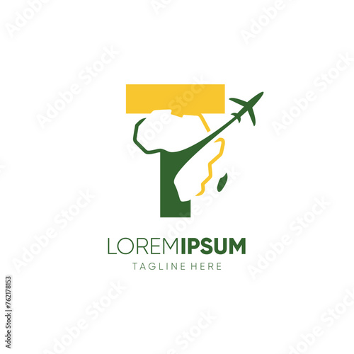 Letter T African Continent Map with Airplane for Travel Logo Design Vector Icon Symbol Graphic Illustration