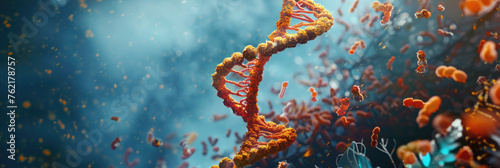 A vivid depiction of a double helix DNA structure surrounded by molecules in a microscopic view