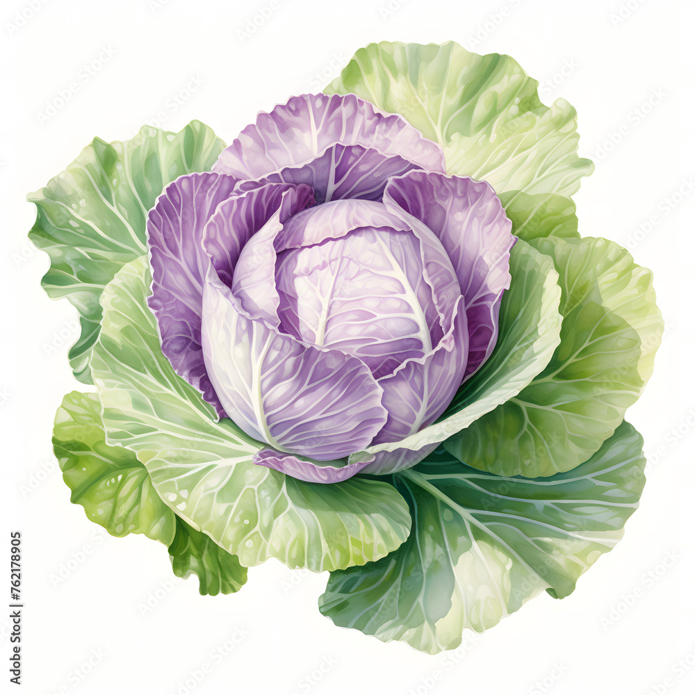Fototapeta premium Cabbage, Garden Flower Bed, vegetable, Hsiang Ron Cheng/painting style, watercolor illustration, single object, white background for removing background.