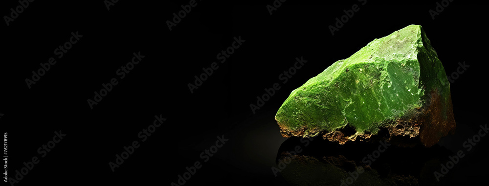 Garnierite is rare precious natural stone on black background. AI generated. Header banner mockup with space. Garnierite is rare precious natural stone on black background. AI generated. Header banner mockup with space.
