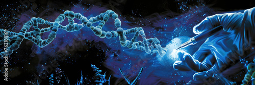 A scientist manipulates a DNA strand with futuristic equipment surrounded by glowing blue lights