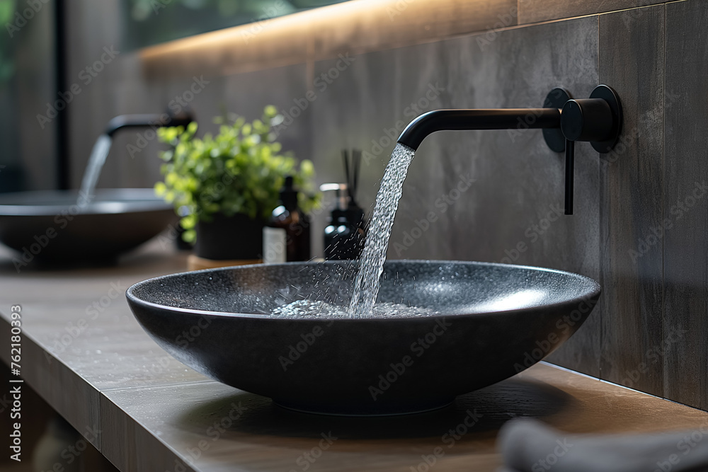 Close-up of a black round sink and a black matte faucet with flowing water. Minimalist interior design of a modern bathroom Close-up of a black round sink and a black matte faucet with flowing water. Minimalist interior design of a modern bathroom