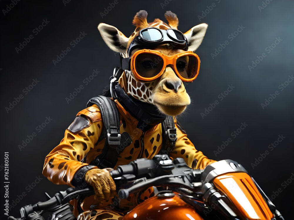 A giraffe drives a motorcycle. Motorbike on the road riding. A giraffe drives a motorcycle. Motorbike on the road riding.