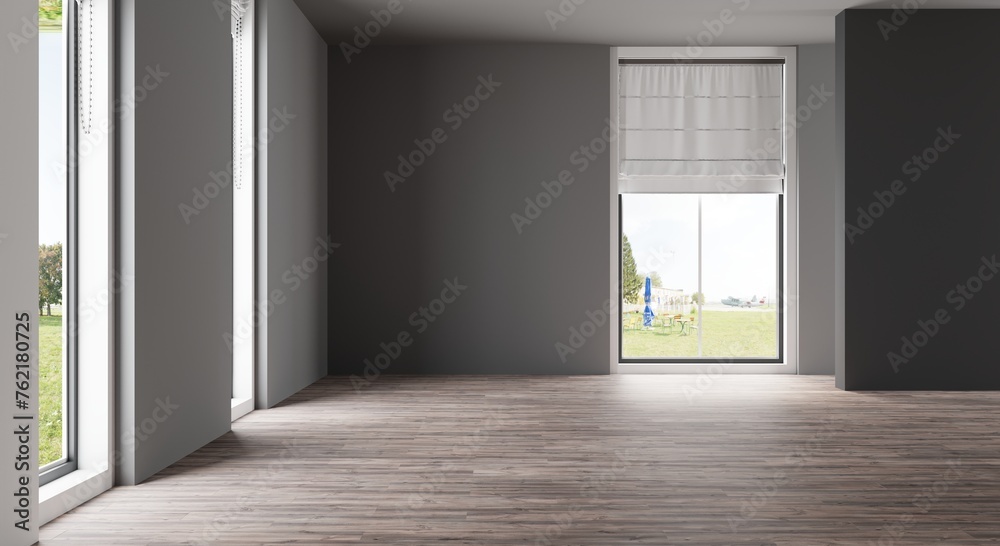 empty modern room with big windows and concrete floor, white wall with sunlight, parquet, architecture design, modern home interior design, copy space empty modern room with big windows and concrete floor, white wall with sunlight, parquet, architecture design, modern home interior design, copy space