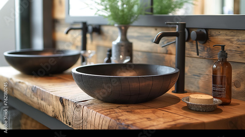 Rustic wooden vanity with black sink and black faucet minimalist bathroom interior design
