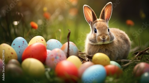 Colorful easter eggs and rabbit on green grass - generative ai © Nia™