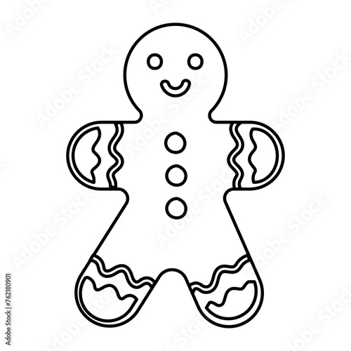 Coloring page with a cute gingerbread man cookie. Black and white Christmas biscuits. Isolated on white.