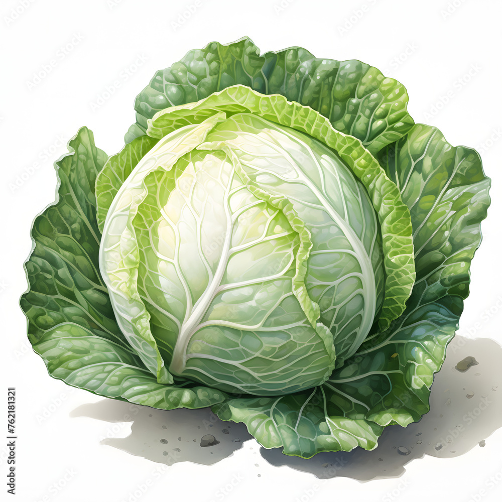 Fototapeta premium one Cabbage, vegetable, watercolor illustration, single object, white background for removing background.