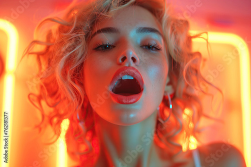 portrait of sexy young woman blonde girl on bed having an orgasm while having sex in bedroom