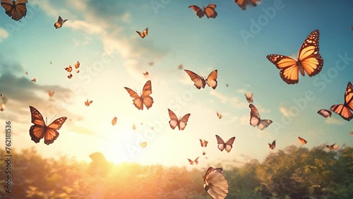 Butterflies in flight, symbolizing a life of freedom and liberation. Capture the beauty, grace, and sense of boundless possibility as the butterflies flutter through the air	 photo