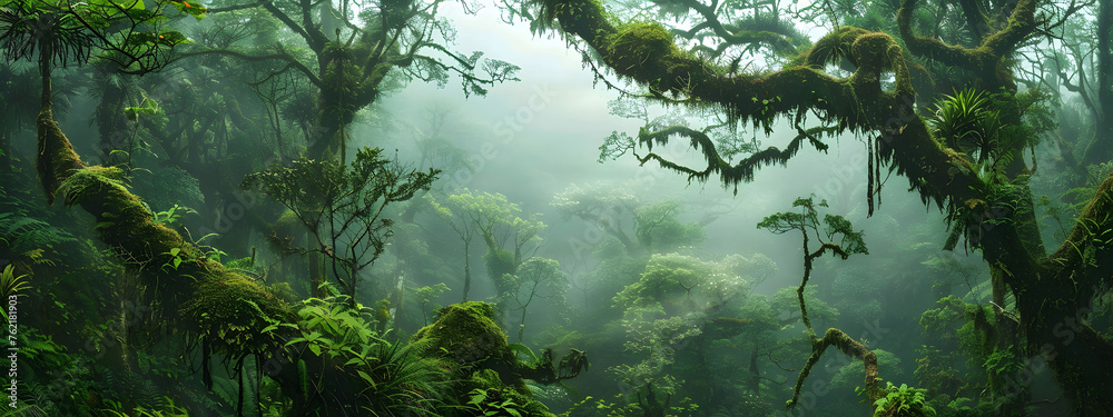 Fototapeta premium Panoramic view of misty rainforest trees with fog and rays, showcasing the natural beauty of a lush tropical rainforest canopy. Drone view with copy space.