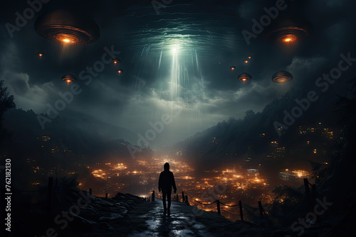 Solitary figure stands before a village under an eerie glow of descending UFOs, backlit by a large mothership beam