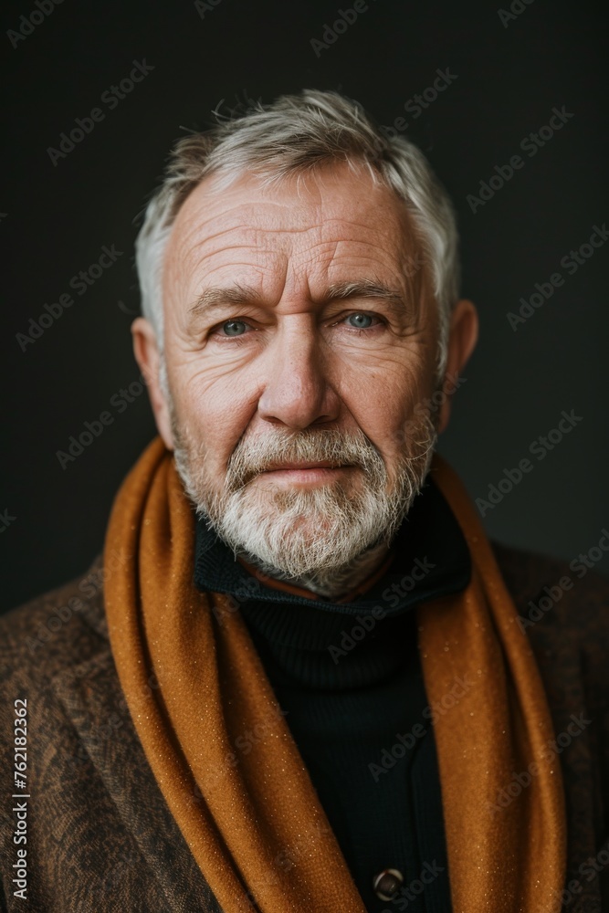 Obraz premium Elderly man smiling at camera. A close-up portrait of an elderly, man with a warm smile, wearing fashionable clothes.