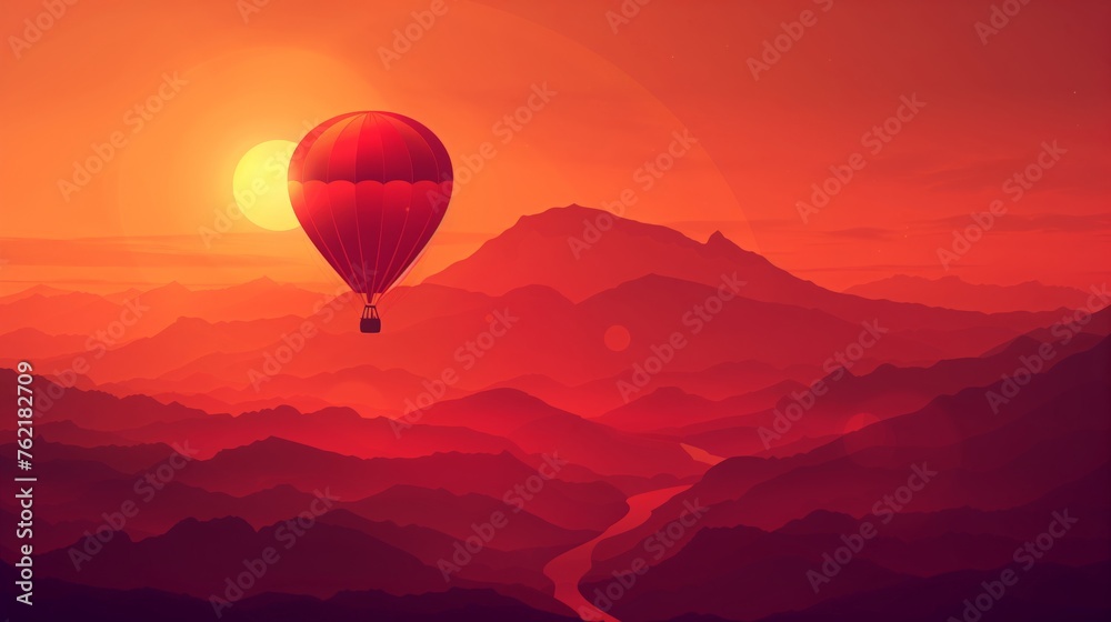 Red Hot Air Balloon Flying over a Mountain Beautiful Landscape Background. Ideal for Valentine's Day, Mother's Day, Gift Card, Invitation Card, Celebration, Banner, Poster Design