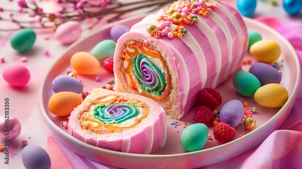 a fantastic sponge roll, filled with rainbow-colored cream, decorated with a pink, raspberry-flavored fondant coating, some easter decoration - obrazy, fototapety, plakaty 