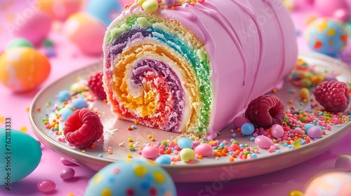 a fantastic sponge roll, filled with rainbow-colored cream, decorated with a pink, raspberry-flavored fondant coating, some easter decoration