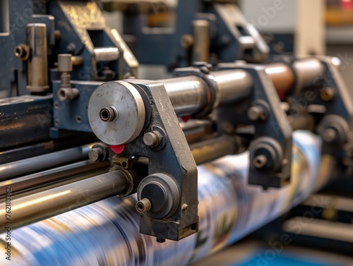 Close-up view of a modern printing press machine processing a large roll of paper.