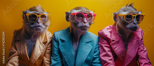 Monkeys wear colorful jackets and sunglasses against a vibrant yellow backdrop