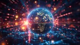 A neon globe surrounded by digital streams of data. Artificial intelligence in a global world.