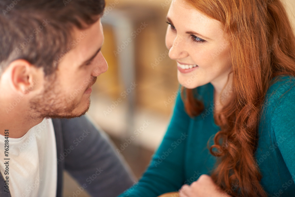 Couple, bonding and together with smile in cafe, love and happiness for peace in relationship. Adult, woman and girl with man or partner in coffee shop, excited and joy for marriage with guy Couple, bonding and together with smile in cafe, love and happiness for peace in relationship. Adult, woman and girl with man or partner in coffee shop, excited and joy for marriage with guy