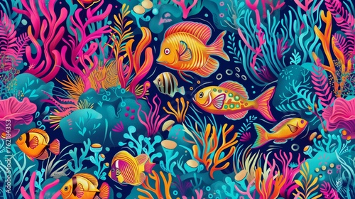 Seamless pattern of sea plants and fish  bright and rich color.
