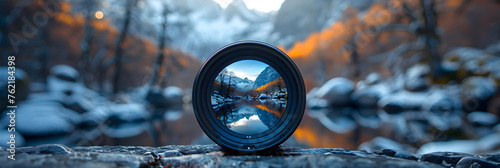 A camera lens becomes a portal allowing viewers, Looking at view through camera lens outdoors 