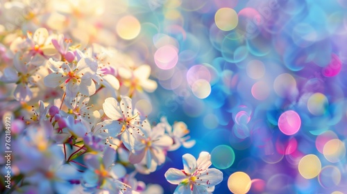 Spring background with flowers, blurred bokeh, free place for text. Greeting card for spring holidays. Template for Birthday, Women's Day, Mother's Day. Floral picture