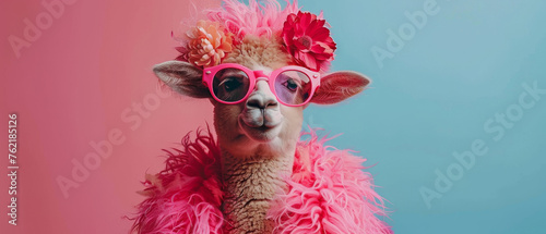 A whimsical portrait of a llama adorned with a floral crown, dressed in a pink textured jacket, against a pastel backdrop