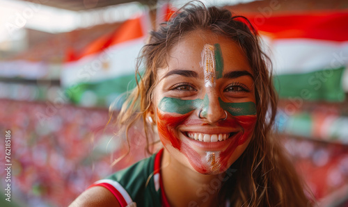Vibrant Portrait of a Joyful Female Hungarian Supporter with a Hungarian Flag Painted on Her Face, Celebrating at UEFA EURO 2024