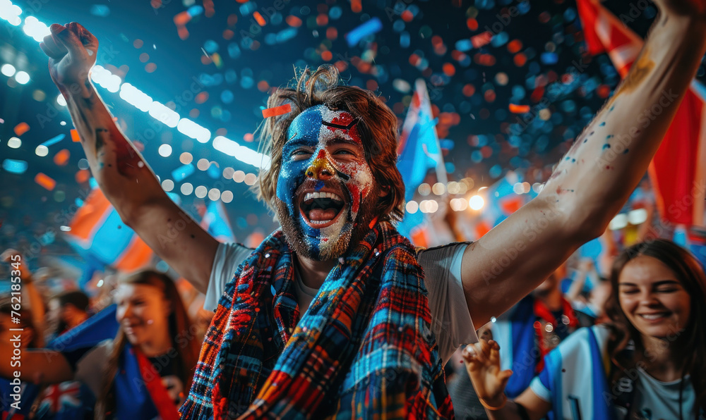 Vibrant Portrait of a Joyful male Scotland Supporter with a Scottish Flag Painted on His Face, Celebrating at UEFA EURO 2024 - obrazy, fototapety, plakaty 