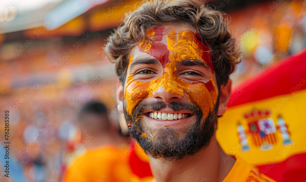 Portrait of a passionate male Spanish fan celebrating at a UEFA EURO 2024 football match, his face painted with the colors and patterns of the Spanish flag, radiating enthusiasm and national pride - obrazy, fototapety, plakaty 