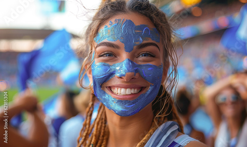 Vibrant Portrait of a Joyful Female Scotland Supporter with a Scottish Flag Painted on Her Face, Celebrating at UEFA EURO 2024