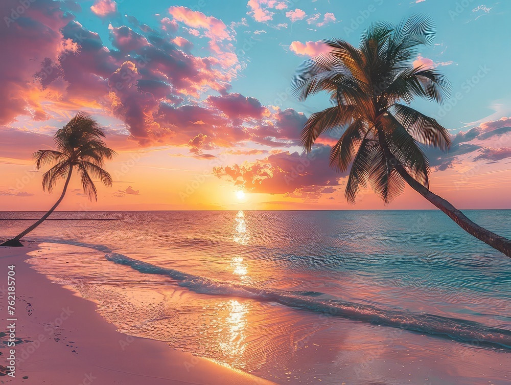 Tropical Haven: Azure Waters and Sandy Shores - Swaying Palm Trees - Sunset Serenade - Transport yourself to an island paradise with turquoise waters, white sandy beaches, and palm trees swaying