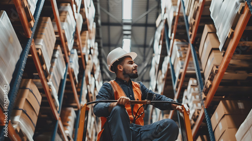 Side view of young male warehouse worker in uniform working with forklift in warehouse. Industrial and industrial workers concept © javu