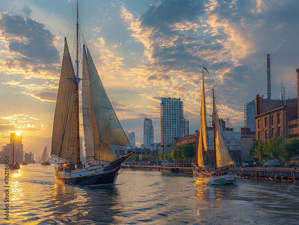 Urban Waterfront Bustle: Busy Ports and Promenades - Sailing Boats Gliding - Cityscape Reflections - Immerse yourself in the vibrant energy of an urban waterfront, with bustling ports - obrazy, fototapety, plakaty 