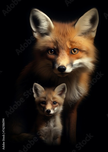 A mother fox and small cub portrait  against a dark background 