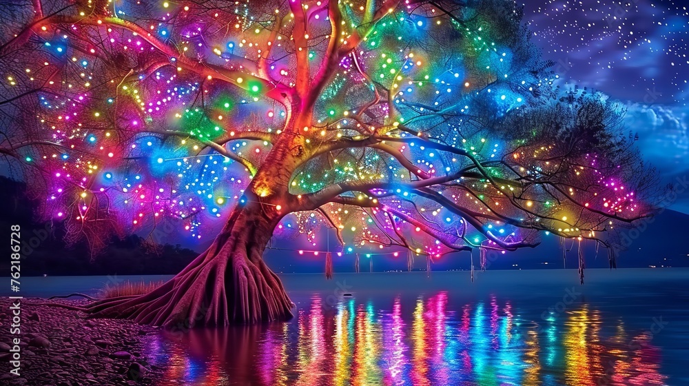 a tree with a rich canopy stands on the shore of the lake and if come at night, as if thousands and thousands of colourful little Christmas lights illuminate it - obrazy, fototapety, plakaty 