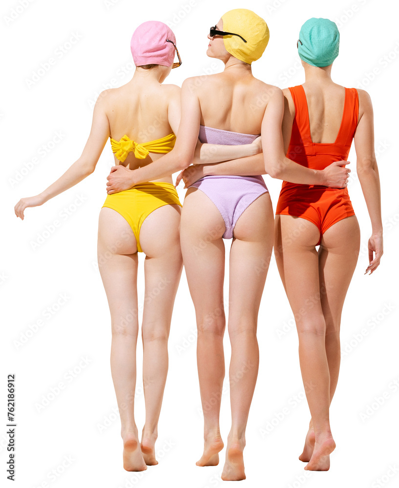 Back view of sportive slim three young women in vintage retro swimming suits posing isolated over transparent background. Concept of beauty, fashion, vintage style, summertime, party, active lifestyle - obrazy, fototapety, plakaty 