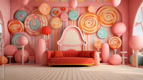 Cute pink bedroom with sofas for a girl. Candy sweet interior style

