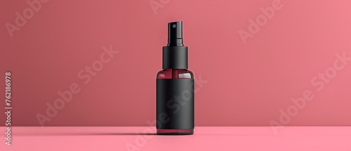 A small cosmetic bottle with a black label and a place for a logo. Skin care bottle design sample. © Danyilo