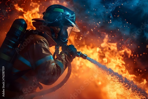 Firefighter in gear tackles blaze with water extinguisher in dangerous emergency. Concept Firefighter Training, Emergency Response, Firefighting Techniques, Hazardous Situations