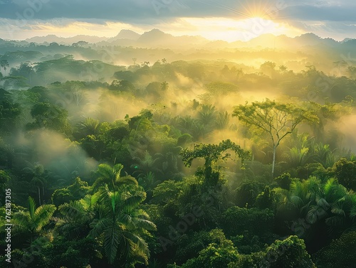 Lush Rainforest Canopy: Dense Canopy and Vibrant Biodiversity - Misty Landscapes in Tropical Rainforests - Journey into the heart of a tropical rainforest, where dense canopy shelters vibrant 
