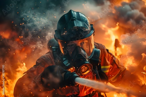 Firefighter in protective gear tackles a dangerous blaze with a water extinguisher in an emergency situation. Concept Emergency Response, Fire Safety, Firefighter Training, Hazardous Situations