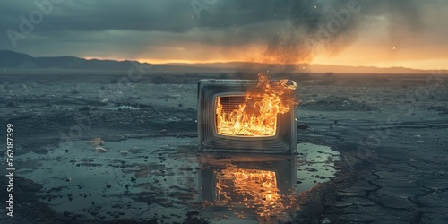 Isolated air conditioner ablaze in a desolate landscape, reflecting environmental decay
