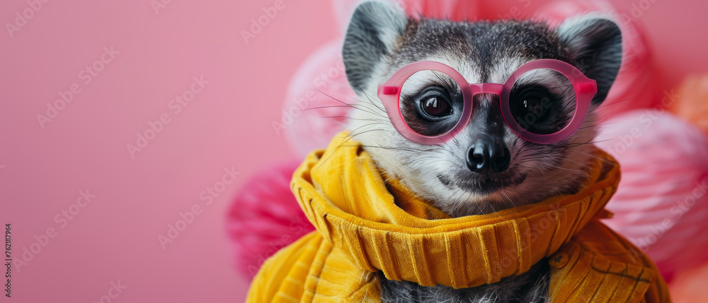 Creative animal concept. Raccoon glam fashionable couture high end outfits isolated on bright background advertisement, copy space. birthday party invite invitation banner