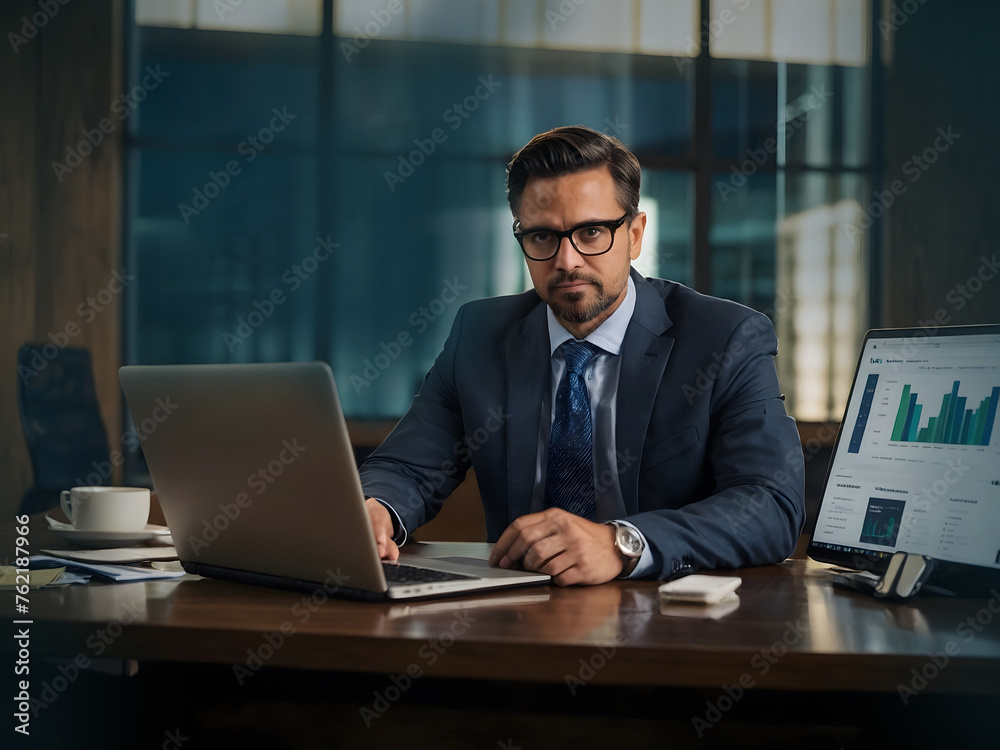 Business worker with laptop at office create by ai generative. Employee remote working in modern office. Business man on online meeting. Business worker with laptop at office create by ai generative. Employee remote working in modern office. Business man on online meeting.