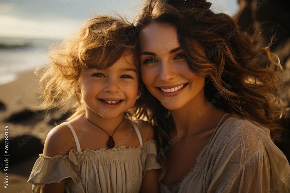 A carefree mother and her adorable child play joyfully on the ocean shore, radiating happiness. A carefree mother and her adorable child play joyfully on the ocean shore, radiating happiness.