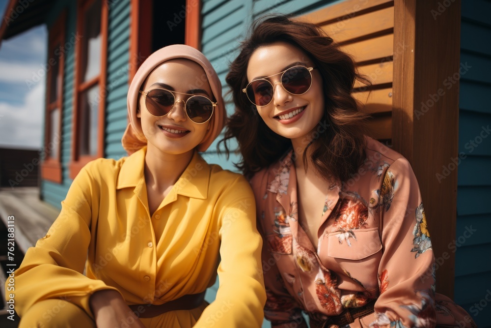 Two stylish and trendy women enjoy a sunny urban day, radiating youthful energy and friendship.