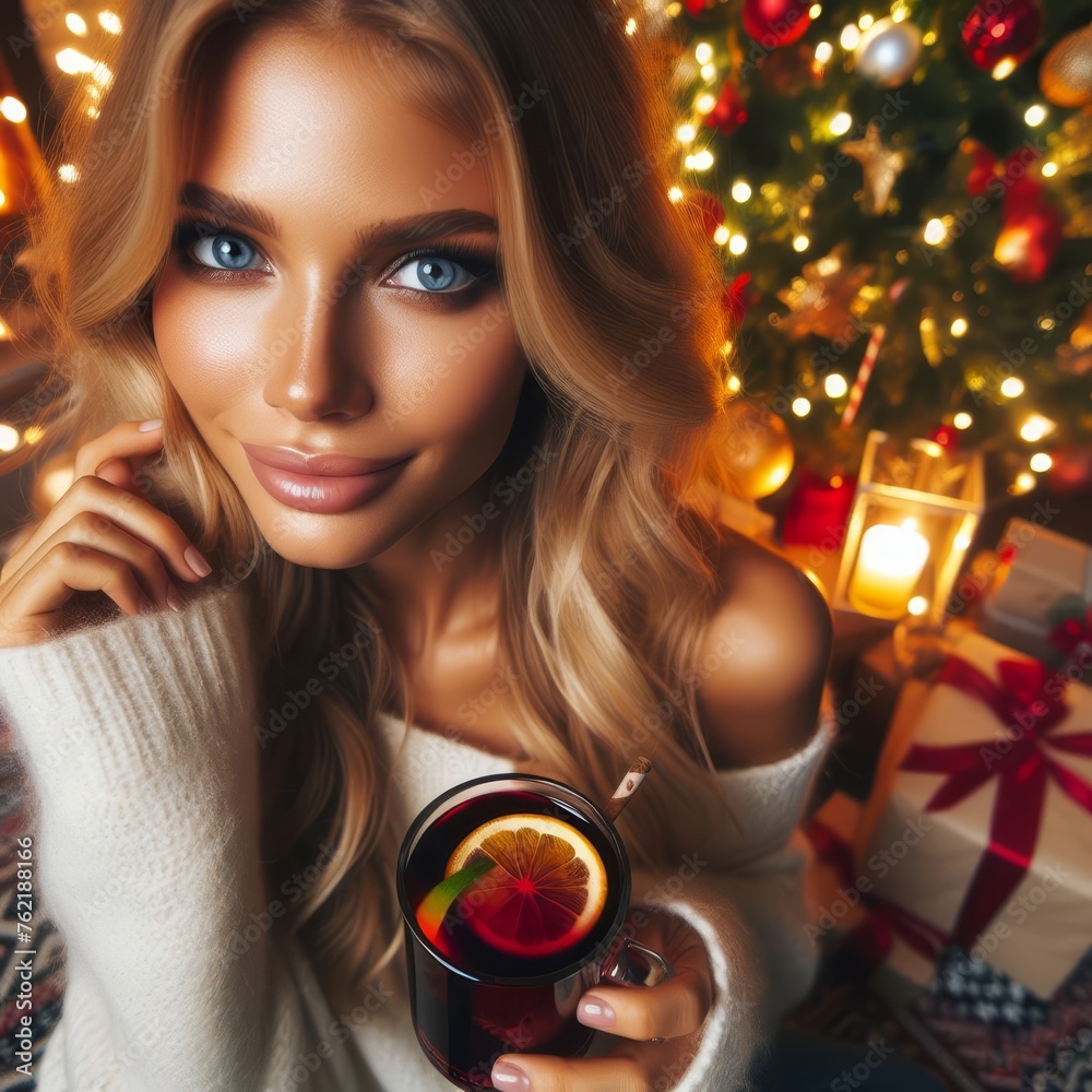 Close-up of a beautiful woman with a mulled wine in her hand, the woman is sitting in front of a Christmas tree